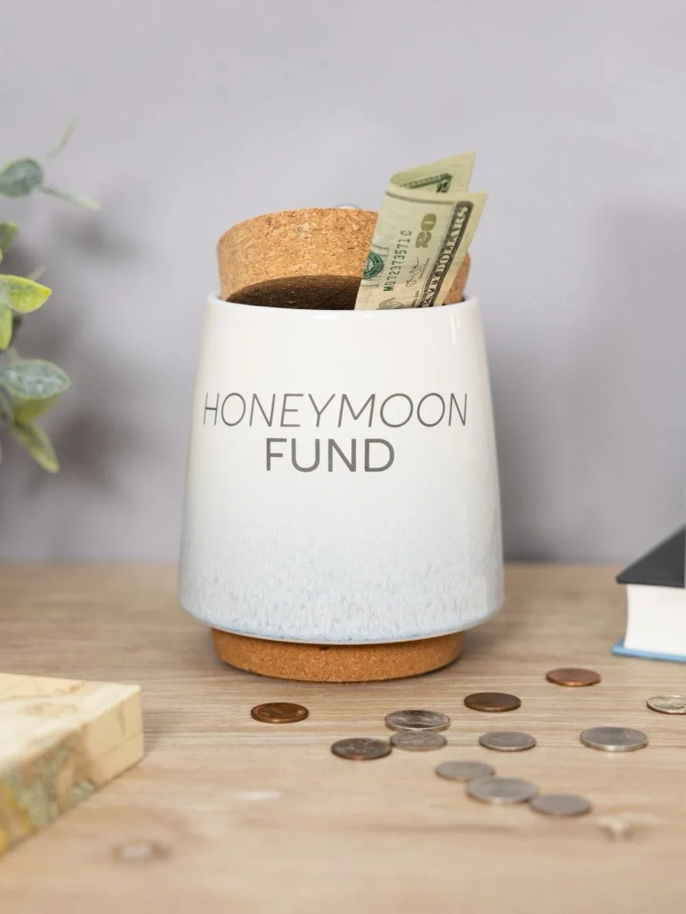 Honeymoon Fund Ceramic Money Jar with Cork Lid & Cute Little Metal Money Design
